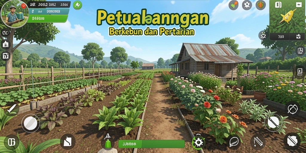 Gameplay JJ62 yang menampilkan kebun buah dan sayuran.