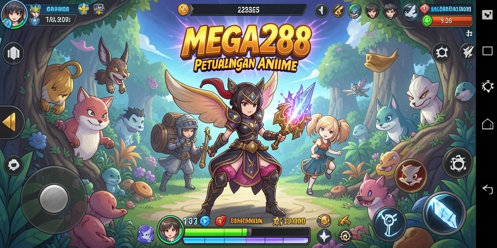 Screenshot gameplay MEGA288 dengan karakter anime yang beraksi.