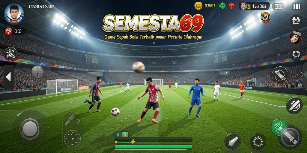 Tampilan gameplay SERU dalam SEMESTA69 dengan aksi sepak bola yang mendebarkan.